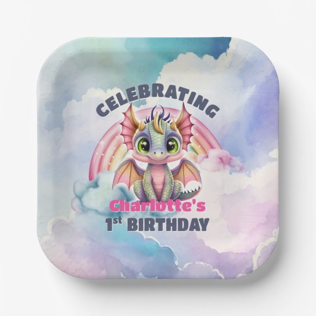 Cute Pink Dragon 1st Birthday Party Paper Plates (Front)