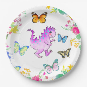 Cute pink dragon and flowers paper plates