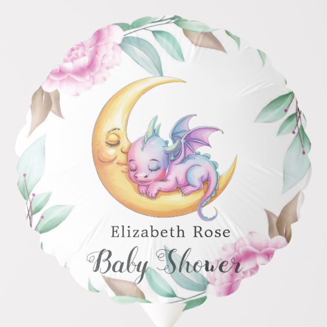 Cute Pink Dragon and Peony Girl Baby Shower Balloon (Front)