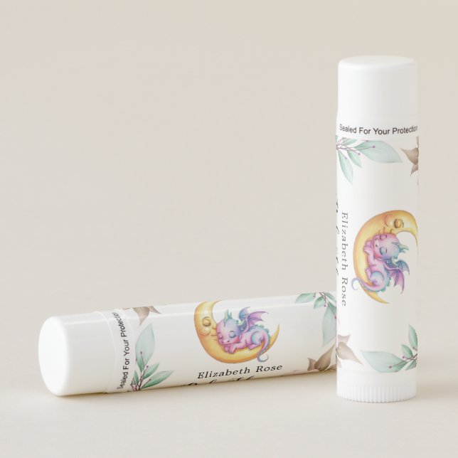 Cute Pink Dragon and Peony Girl Baby Shower Lip Balm (Front)