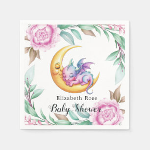 Cute Pink Dragon and Peony Girl Baby Shower Napkins