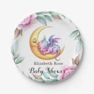 Cute Pink Dragon and Peony Girl Baby Shower Paper Plates