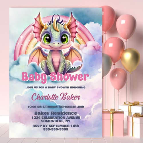Cute Pink Dragon Baby Girl Baby Shower Invitation