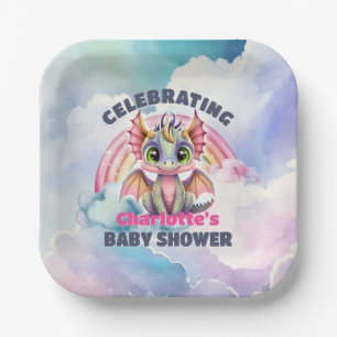 Cute Pink Dragon Baby Shower Party Paper Plates