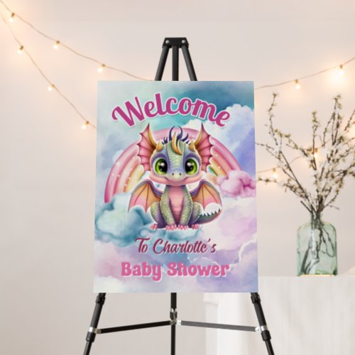 Cute Pink Dragon Baby Shower Welcome Sign