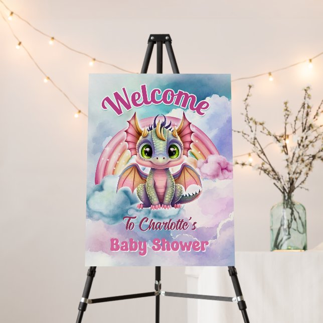 Cute Pink Dragon Baby Shower Welcome Sign (In Situ (Stand))