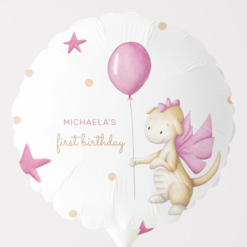 Cute Pink Dragon Girl 1st Birthday Party Balloon
