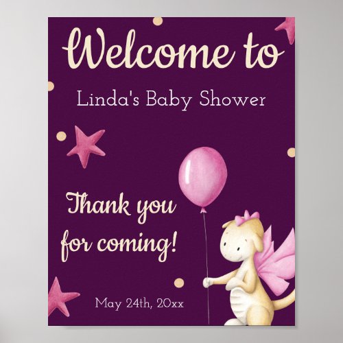 Cute Pink Dragon Girl Baby Shower Welcome Poster