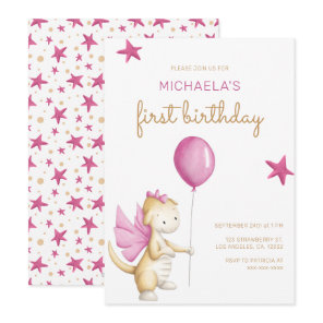 Cute Pink Dragon Girl First Birthday Invitation