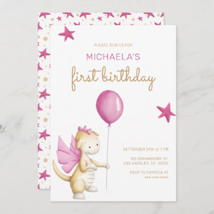 Cute Pink Dragon Girl First Birthday Invitation