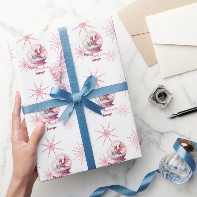 Cute Pink Dragon Winter Snow Globe snowflake  Wrapping Paper (Gifting)