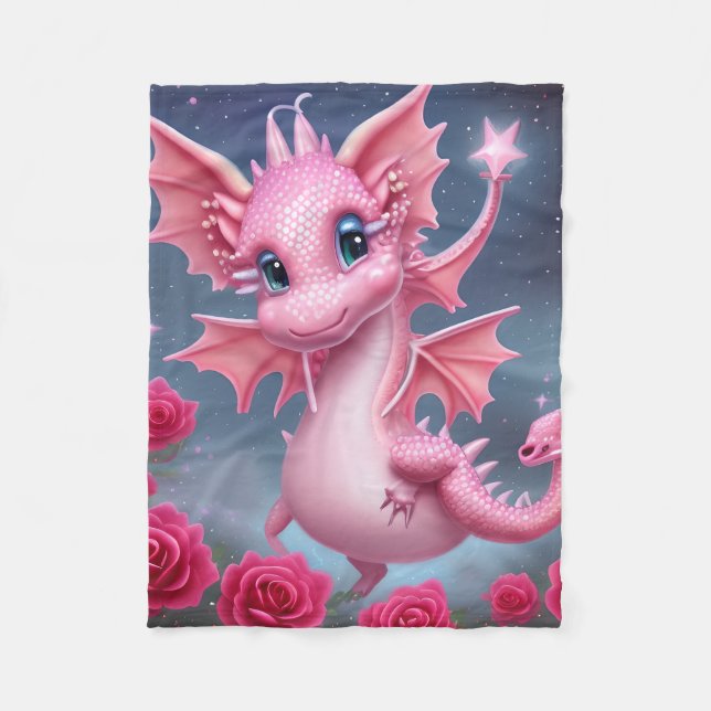 Cute Pink Dragon with Pink Flowers  Fleece Blanket (Front)