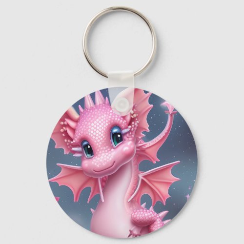 Cute Pink Dragon with Pink Flowers  Keychain