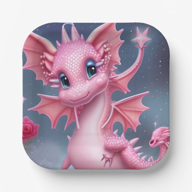 Cute Pink Dragon with Pink Flowers  Paper Plates (Front)