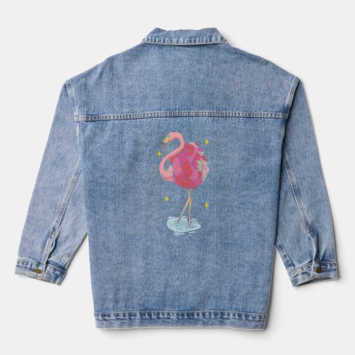 Cute Pink Dreaming Girl Baby Flamingo With Flowers Denim Jacket