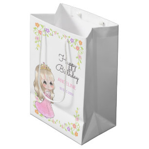 Cute Pink Dress Princess Floral Birthday  Medium Gift Bag