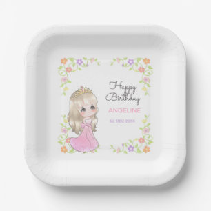 Cute Pink Dress Princess Floral Birthday Paper Plates