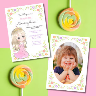 Cute Pink Dress Princess Floral Photo Birthday Invitation