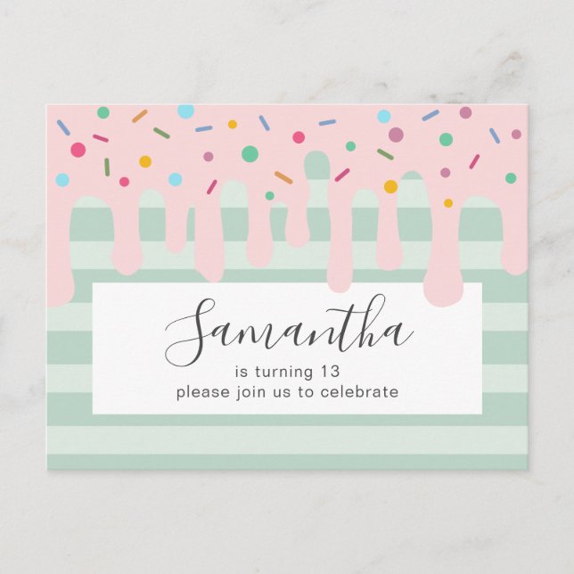 Cute Pink Drip Sprinkle Birthday Party Invitation Postcard (Front)
