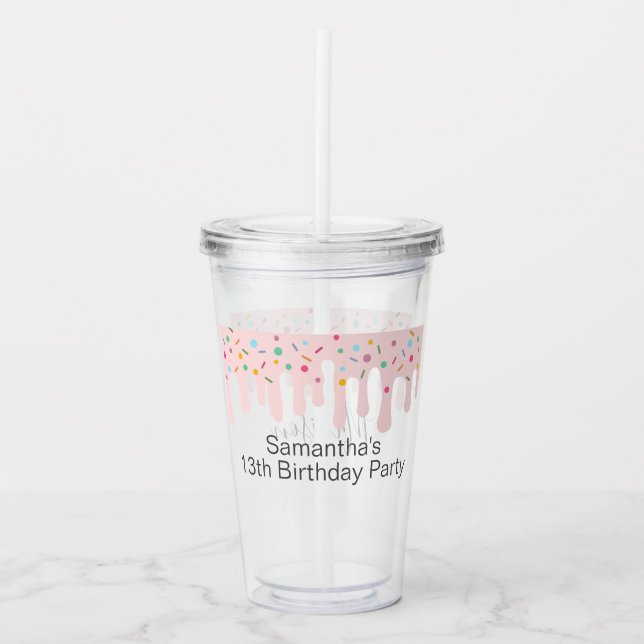 Cute Pink Drip Sprinkle Birthday Party Name Favor Acrylic Tumbler (Front)