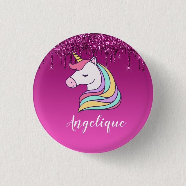 Cute Pink Dripping Glitter Personalized Unicorn Button (Front)