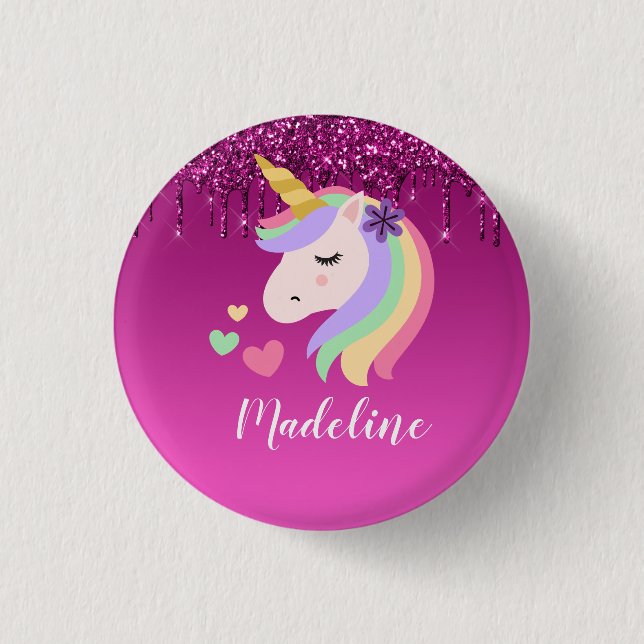 Cute Pink Dripping Glitter Personalized Unicorn Button (Front)