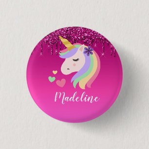Cute Pink Dripping Glitter Personalized Unicorn Button