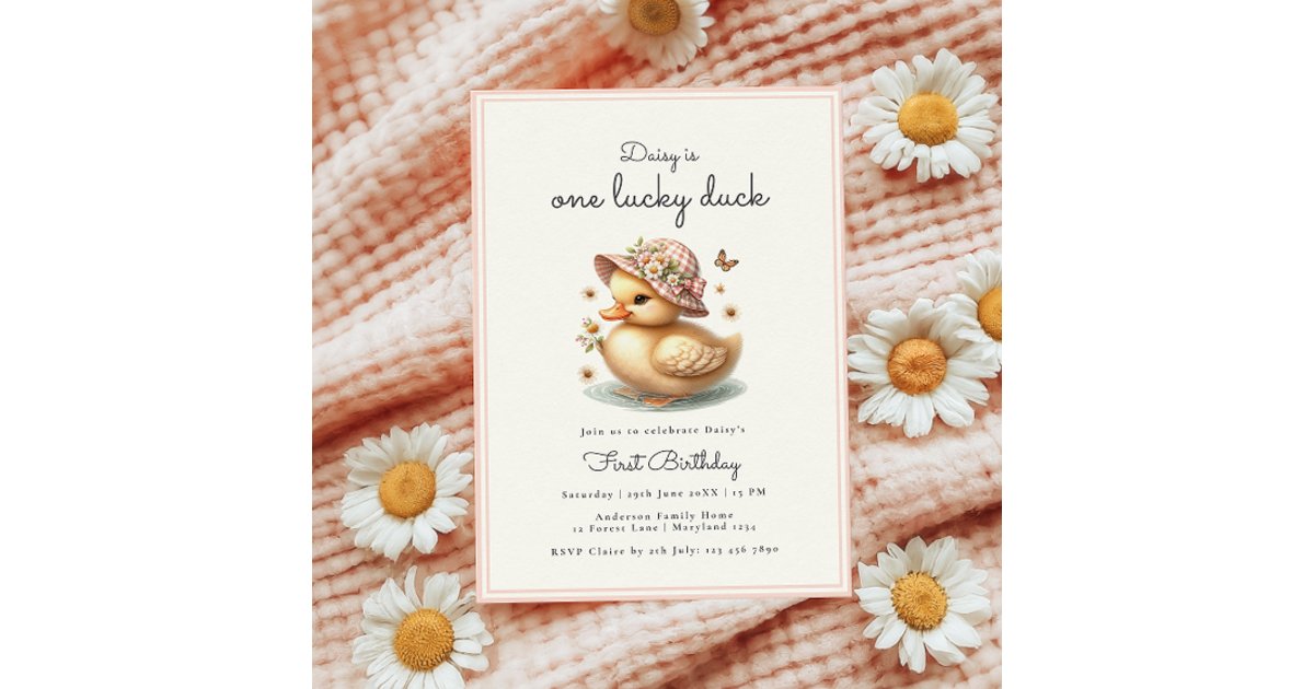 Cute Pink Duck Baby Girl First Birthday Invitation | Zazzle