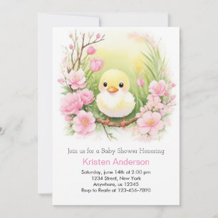 Cute Pink Duckling Meadow Girl Baby Shower Invitation