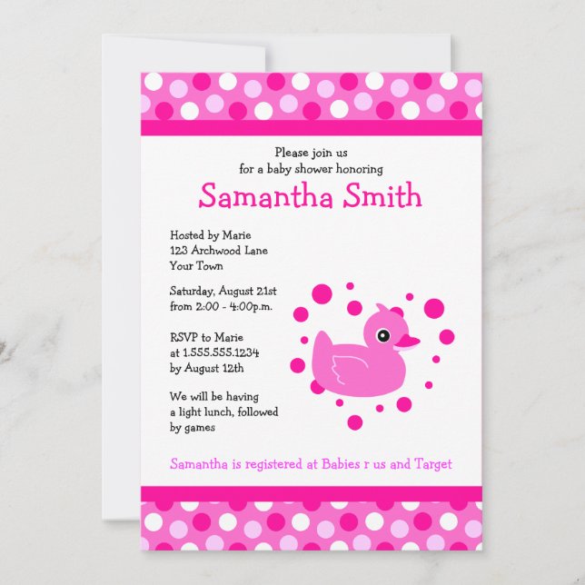 Cute Pink Ducky on Pink Dots Baby Shower Invite (Front)