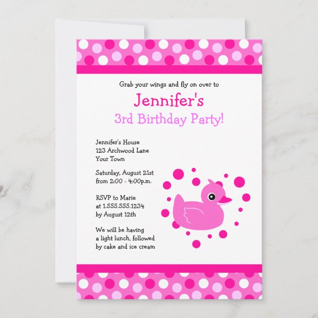 Cute Pink Ducky with Polka Dots Birthday Invite (Front)