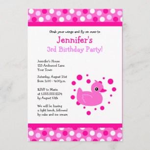 Cute Pink Ducky with Polka Dots Birthday Invite