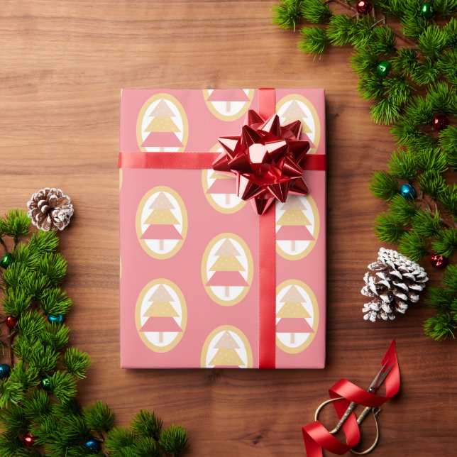 Cute Pink Earthy Tones Merry Christmas Tree Wrapping Paper (Holiday Gift)