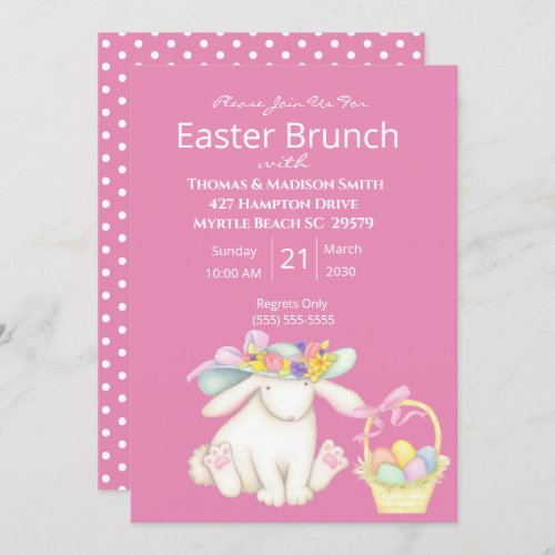 Cute Pink Easter Basket Bunny Brunch Invitation