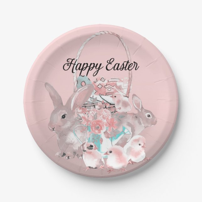 Cute Pink Easter Birthday Party Egg Hunt Paper Plates (Front)