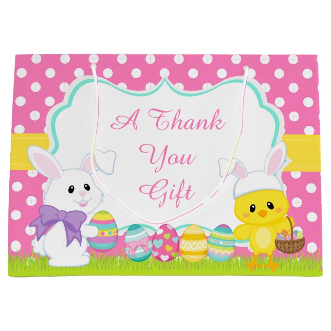Cute Pink Easter Bunny and Chick Easter Egg Hunt Large Gift Bag (Front)