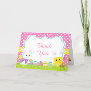 Cute Pink Easter Bunny and Chick Easter Egg Hunt Letterpress Thank You Card