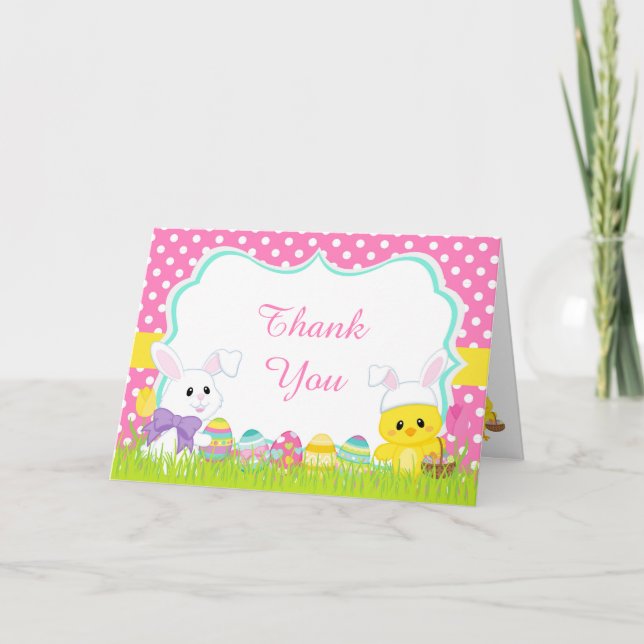 Cute Pink Easter Bunny and Chick Easter Egg Hunt Thank You Card (Front)