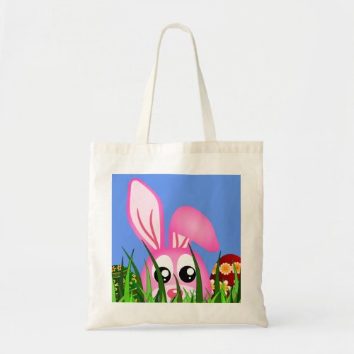 Cute Pink Easter Bunny and Colorful Eggs in Grass Tote Bag