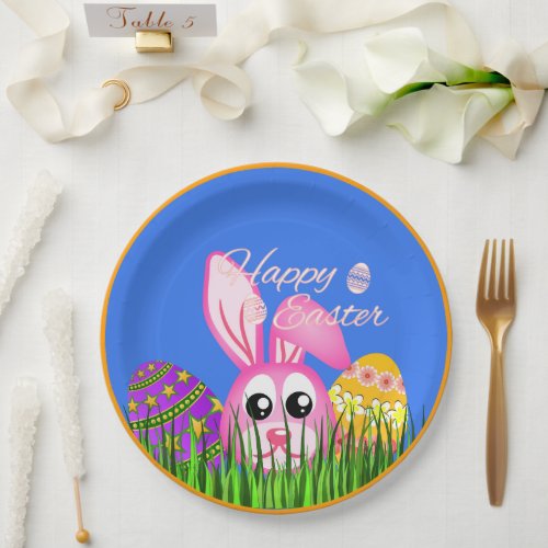 Cute Pink Easter Bunny and Eggs in Grass  Paper Plates