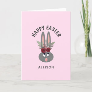 Cute Pink Easter Bunny Floral Personalized Kids Holiday Card