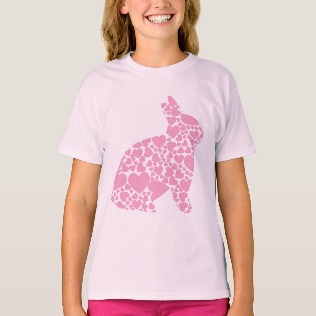 Cute pink Easter bunny hearts cartoon T-Shirt (Front)