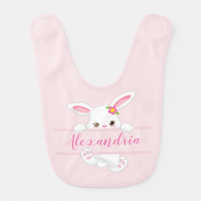 Cute Pink Easter Bunny Personalized Girl Baby Bib (Front)