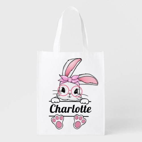 Cute Pink Easter Bunny Personalized Girl Reuseable Grocery Bag