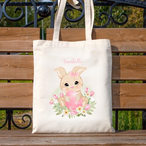 Cute Pink Easter Bunny Personalized Girl Tote Bag