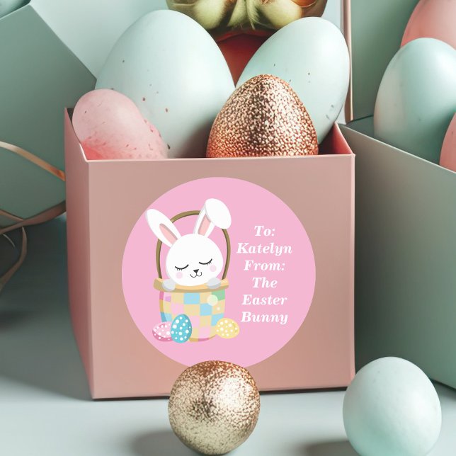 Cute Pink Easter Bunny Personalized Kids Gift Classic Round Sticker (Creator Uploaded)