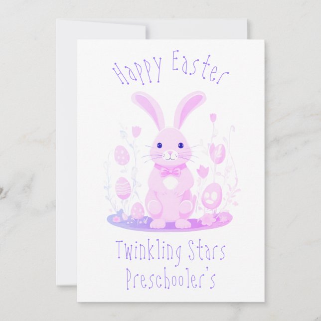 Cute Pink Easter Bunny With Eggs Preschool Holiday Card (Front)
