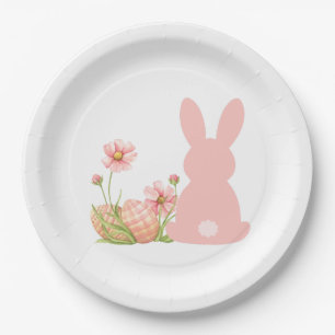 Cute Pink Easter Bunny with Spring Flowers Paper Plates
