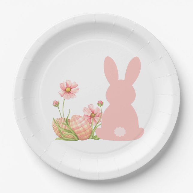 Cute Pink Easter Bunny with Spring Flowers  Paper Plates (Front)