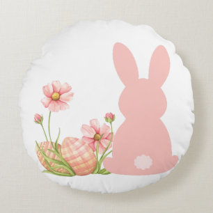 Cute Pink Easter Bunny with Spring Flowers Round Pillow